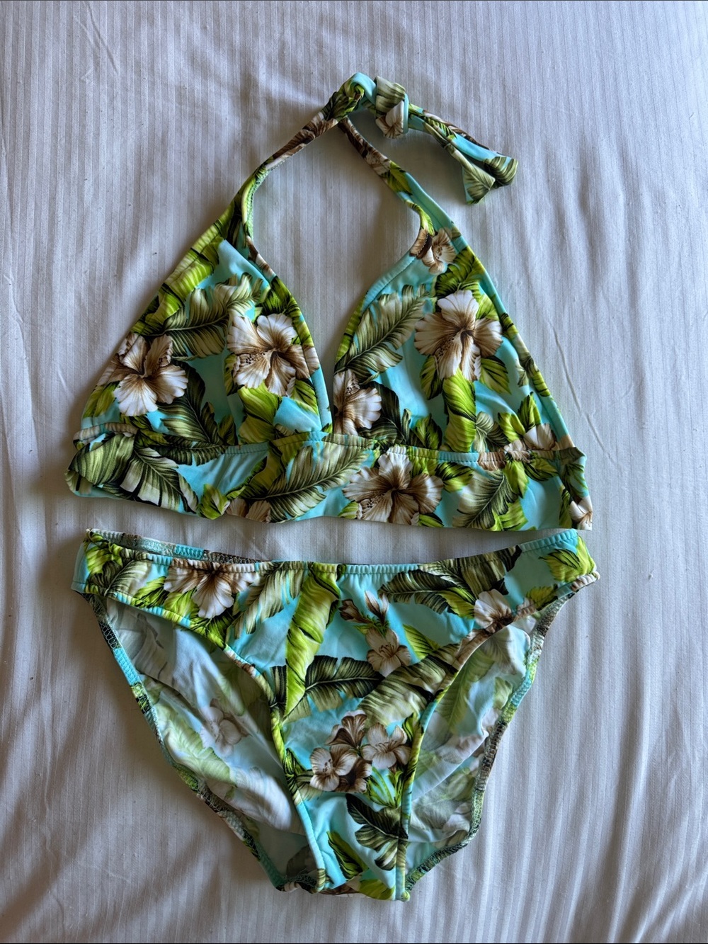 Venus Brazil Tropical Floral Halter Bikini Set in Light Aqua & Green size L